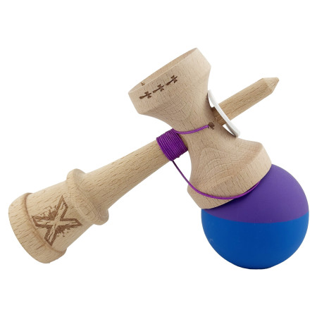 Kendama X Originala, Profesionala, Cyrax, Rubber Grip, Cupe Mari KING SIZE V3, Gaura in Baza, Rulment Metalic, din lemn 18 cm, Ata 62/65 cm, Bicolor Mov/Albastru