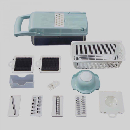 Feliator Multifunctional, Cyrax, Razatoare, 8 in 1, pentru Fructe si Legume, 10 Piese, Lame de Inox, Recipient Stocare, Separator Oua, Protectie Mana, ABS, 32.2x11.3 cm, Albastru/Alb