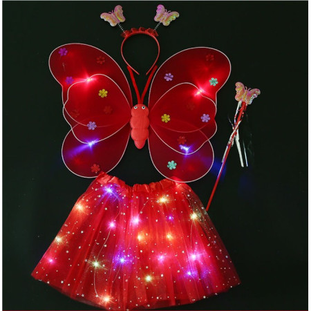 Costum Fluturas cu Aripi Modelabile Luminoase pentru Copii, Cyrax, Fusta din Tul cu Lumini, Bagheta si Bentita, 4 piese, Pentru Halloween, Roleplay, Craciun, Carnaval, Paste, Ziua Copilului, Bumbac/Poliester, Marime universala, Rosu