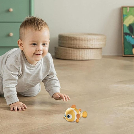 Jucarie mecanica pentru copii Cyrax, pestisor haios, cu cheita, distractiv, se taraste, se misca, 11 x 9 x 7.5 cm cm, galben