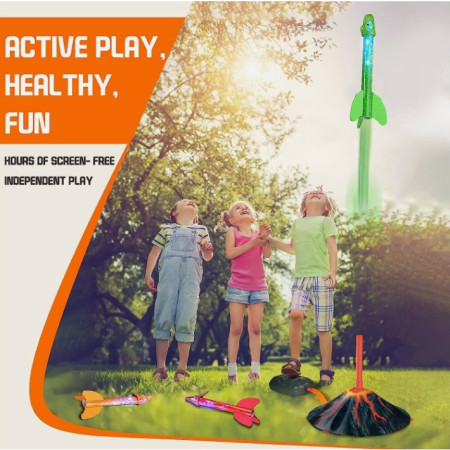 Jucarie pentru Copii, Cyrax, Lansator de Rachete cu Piciorul, un Singur Lansator, 3 Rachete Donozauri cu Lumini, 30 cm Inaltime, Model Vulcan, Multicolor