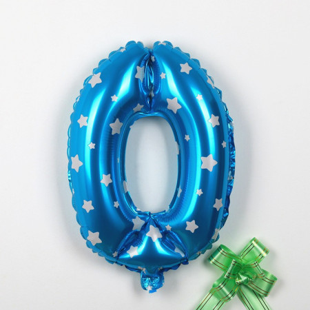 Balon din Folie Metalizata Cyrax, Figurina Cifra, Imprimeu Stele, Tema Aniversare 80 cm, Ambalaj Individual, Pai inclus, Umflare cu Aer sau Heliu, Albastru, Cifra 0
