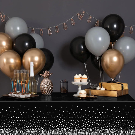 Fata de Masa, Cyrax, din PEVA, Imprimeu Buline Argintii, 137 x 274 cm, Impermeabila, Fara Pete, Curatare Rapida, Negru