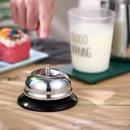 Clopotel sonerie metalica Cyrax, pentru receptie hoteluri, baruri, restaurante, material metal si plastic, 6 x 10 cm, argintiu