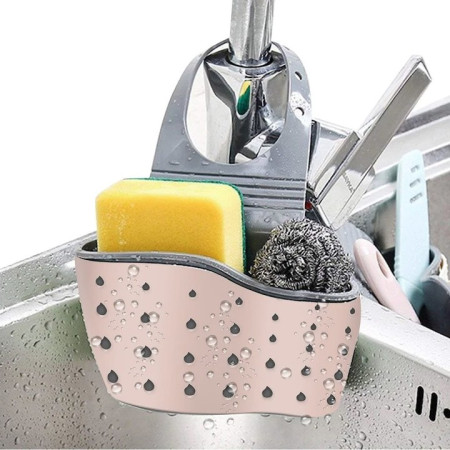 Suport Scurgere pentru Burete si Laveta de Vase Bucatarie, Cyrax, Roz, Curea Reglabila, Plastic Flexibil, 15x 5x 21cm