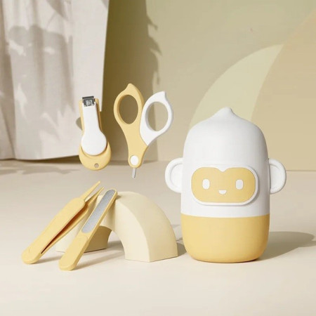 Set 4 Piese Ingrijire Unghii Bebelusi, Cyrax, din ABS+Otel Inoxidabil, Cutie de Depozitare Tip Maimuta, de la 0 Luni, Galben