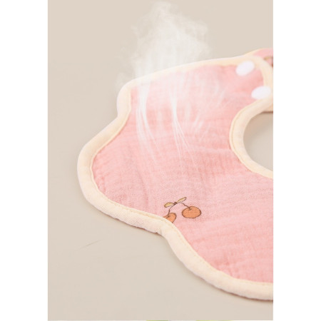Baveta Tip Floare, Cyrax, din Bumbac, pentru Copii 0-12 Luni, Rezistenta la apa, cu Capse, Model cu Cirese, 26 x 29 cm, Roz