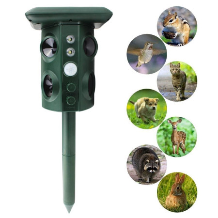 Aparat Solar LED cu Ultrasunete,  Repelent pentru Animale Mari si Mici, Lumina Rosie si Alba, Anti Rozatoare, Anti Insecte, Frecventa 13.5KHZ-45.5KHZ, Senzor PIR, 15.5 x 15.4 x 26.2 cm, Verde