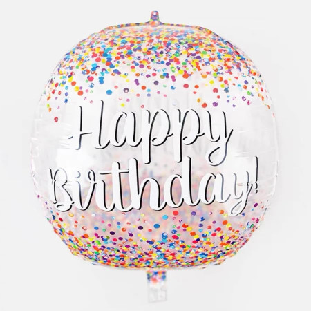 Balon din Folie Metalizata, Cyrax, Figurina Rotunda 4D, Model Happy Birthday, Tema Aniversare, 24 x 63 cm, Ambalaj Individual, Pai inclus, Umflare cu Aer sau Heliu, Maro