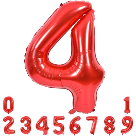 Balon din Folie Metalizata Cyrax, Figurina Cifra, Tema Aniversare 100 cm, Ambalaj Individual, Pai inclus, Umflare cu Aer sau Heliu, Rosu, Cifra 4