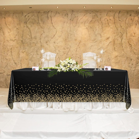 Fata de Masa, Cyrax, din PEVA, Imprimeu Buline Aurii, 137 x 274 cm, Impermeabila, Fara Pete, Curatare Rapida, Negru