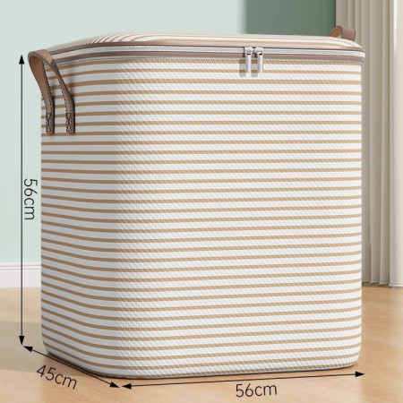 Cutie de Depozitare cu Fermoar,  Pliabila, Maner Ranforsat, Fermoar Rezistent, pentru Haine, Paturi, Plapume, Perne, Lenjerii de Pat, Jucarii, 56x45x56 cm, 150 Litri, in Dungi, Bej