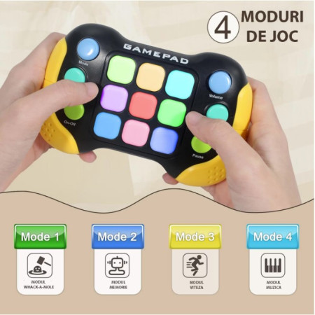 Jucarie Interactiva Cyrax, Tip Consola Pop It, 6 butoane functionale, 5 Moduri de Joc, 600 Niveluri, + 3 ani, Galben/Negru