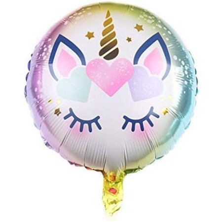 Balon din Folie Metalizata, Cyrax, Mini Figurina Rotunda, Model Unicorn, Happy Birthday, Tematica Aniversare, 45 cm, Ambalaj Individual, Pai Inclus, Umflare cu Aer sau Heliu, Multicolor