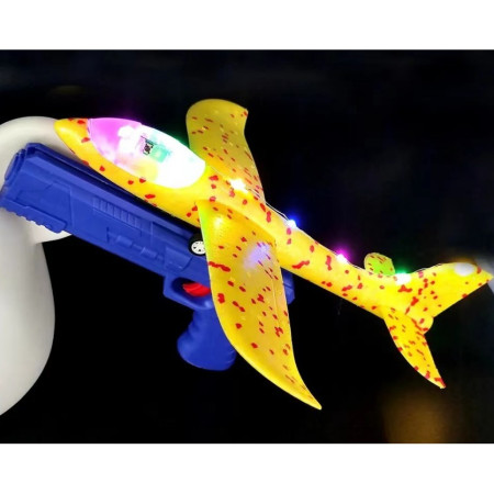 Pistol cu Lansator de Avion, Cyrax, din Polistiren+Plastic, +3 Ani, Avion 38 cm, Lansare 10 m, cu Lumini si Roti, Galben/Albastru