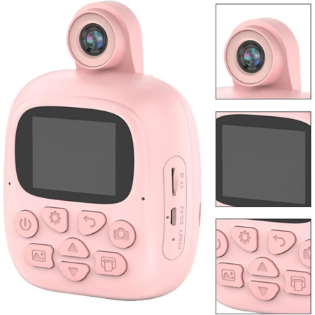 Camera Instantanee pentru Copii, Cyrax, Camera Frontala + Selfie, cu Functie de Printare, Cablu USB-C, Bluetooth, Compatibil iOS/Android, Imprimare APP, Model Bunny, Roz