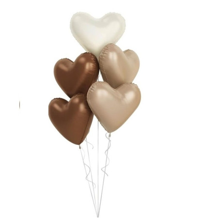 Set 3 Baloane din Folie Metalizata, Cyrax, Figurine Inimi, Tema Ziua Indragostitilor, 45 cm, Ambalaj Individual, Pai Inclus, Umflare cu Aer sau Heliu, Crem/Maro