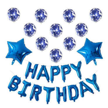 Cyrax Set 12 Baloane si 1, Set pentru Aniversare, mesaj Happy Birthday, din folie de aluminiu, 30 -45 cm, Cu paiete, latex si folie, Albastru