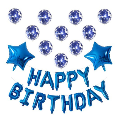 Cyrax Set 12 Baloane si 1, Set pentru Aniversare, mesaj Happy Birthday, din folie de aluminiu, 30 -45 cm, Cu paiete, latex si folie, Albastru