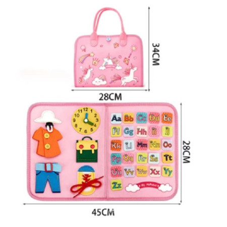 Carte Senzoriala Educativa Montessori, Cyrax, Dezvoltare Abilitati Motorii, 5 Pagini, Model Unicorni, 28x22x7 cm, Roz