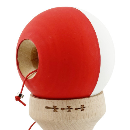 Kendama X Originala, Profesionala, Cyrax, Rubber Grip, Cupe Mari KING SIZE V3, Gaura in Baza, Rulment Metalic, din lemn 18 cm, Ata 62/65 cm, Bicolor Alb/Rosu