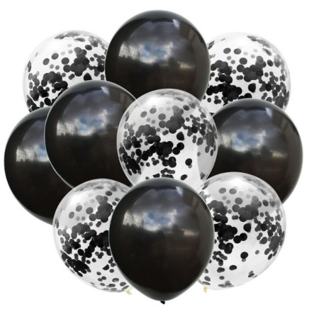 Set 10 Baloane din Latex, Cyrax, Model Party Confetti, 5 x Confetti, 5 x Negru, 25 cm, 2.2g