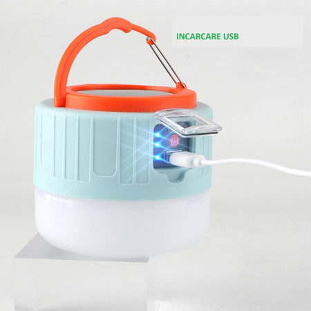 Lampa Portabila,  Incarcare Solara + USB, Afisaj Inteligent al Bateriei, Raza de Actiune 32 mp, 6x9x11 cm, 3 Moduri, Alb