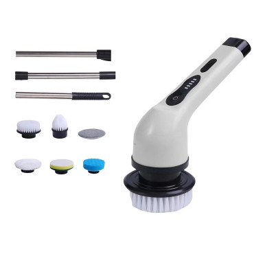 Perie Electrica de Curatare,  pentru Gresie, Baie, Bucatarie, 25x20x9.5 cm, cu 6 Capete, Maner Extensibil Detasabil 84-127cm, Incarcare USB-Type C, Rotire 360 de Grade, 3000 mAh, Culoare: Alb