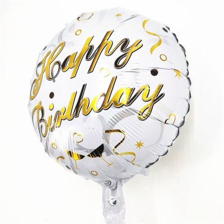Balon din Folie Metalizata, Cyrax, Mini Figurina Rotunda, Model Happy Birthday, Tema Aniversare, 45 cm, Ambalaj Individual, Pai inclus, Umflare cu Aer sau Heliu, Argintiu