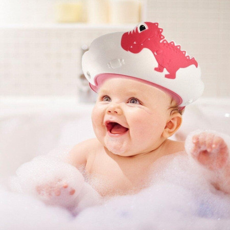 Cyrax Viziera de Protectie Baie Pentru Copii, Fippy, Model Dinozaur, Dimensiune ajustabila, Durabil, Usor de curatat, Impotriva Samponului, pentru Ochi si Urechi, TPE+PP, 22x21 cm, Rosu