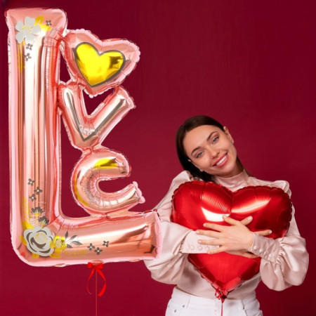Balon din Folie Metalizata, Cyrax, Figurine, Model LOVE, Tematica Iubire, 110x64 cm, Ambalaj Individual, Pai Inclus, Umflare cu Aer sau Heliu, Roz