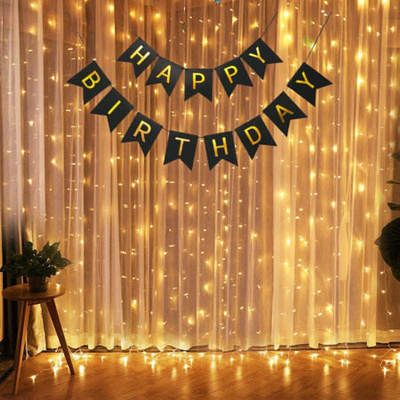 Banner Happy Birthday 100x200 cm, Cyrax, Dimensiune Stegulet 11.5x16.5 cm, Rola de Ata Inclusa, Negru