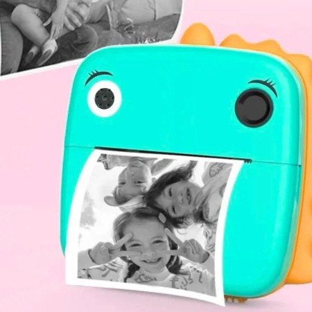Camera Instantanee pentru Copii, Cyrax, Camera Frontala + Selfie, cu Functie de Printare, Cablu USB-C, Bluetooth, Compatibil iOS/Android, Model Dinozaur, Snur Inclus, Verde
