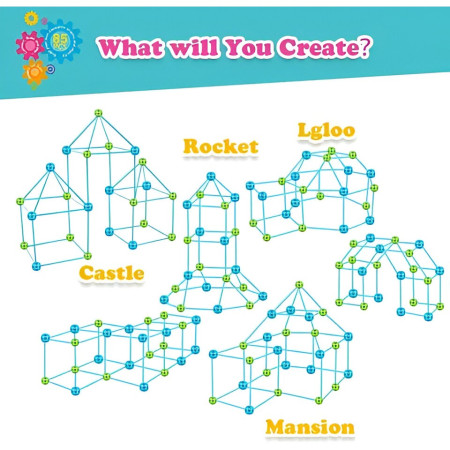 Kit de Constructie Fort 3D pentru Copii, Cyrax, 560 g, 36 Sfere, 51 Tije, Panza Verde Impermeabil, 3 ani, Educativ, Multicolor