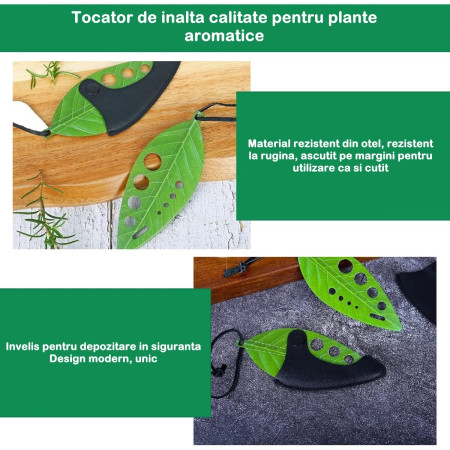 Tocator manual pentru ierburi Cyrax, instrument de curatat frunze, tocator, margini ascutie, 9 gauri de diferite dimensiuni, multifunctional, material otel inoxidabil, rezistent la rugina, 14 x 5.5 cm, verde