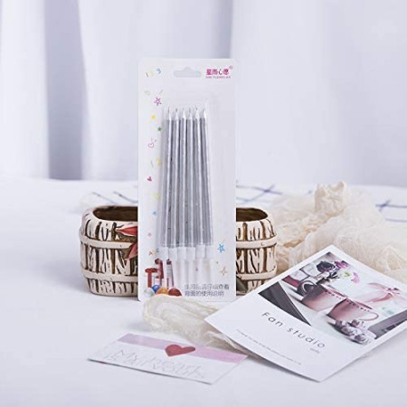 Set 6 Lumanari de Tort, Cyrax, din Parafina, 11 x 0.4 cm, Lucioase, Argintiu