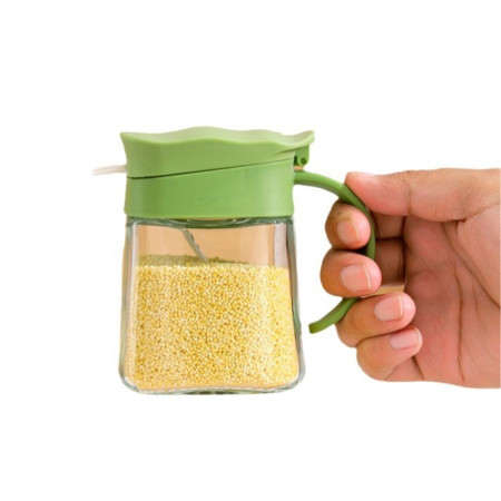 Recipient Condimente, Cyrax, din Stilca, 180 ml, cu Maner si Lingurita, 11.3 x 8.2 cm, Capac Ondulat, Verde