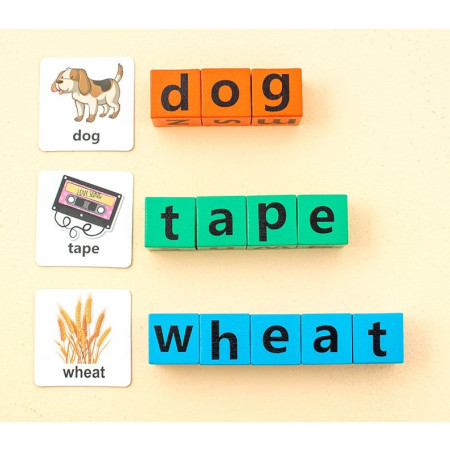 Joc cu Blocuri din Lemn, Cyrax, Formare Cuvinte, Cartonase cu Obiecte si Animale, Clopotel, Joc pentru 4 Persoane, 3 Ani+, 28x15.5x5 cm, Multicolor