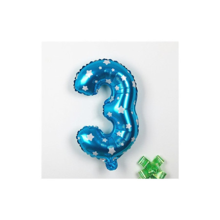 Balon din Folie Metalizata Cyrax, Figurina Cifra, Imprimeu Stele, Tema Aniversare 80 cm, Ambalaj Individual, Pai inclus, Umflare cu Aer sau Heliu, Albastru, Cifra 3
