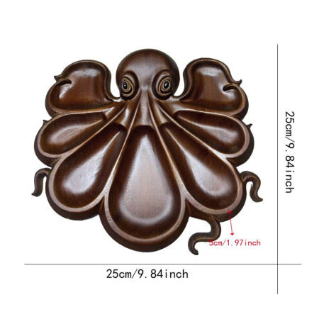 Platou pentru Servire, Cyrax, in Forma de Caracatita, 8 Compartimente pentru Mezeluri Branzeturi Snacksuri, Design Artistic, din Lemn Masiv, 26 x 25 x 3 cm, Maro inchis