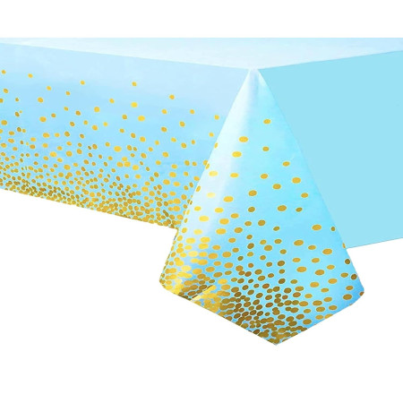 Fata de Masa, Cyrax, din PEVA, Imprimeu Buline Aurii, 137 x 274 cm, Impermeabila, Fara Pete, Curatare Rapida, Albastru