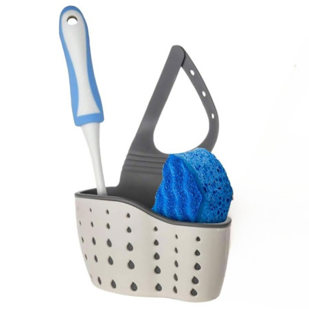 Suport Scurgere pentru Burete si Laveta de Vase Bucatarie, Cyrax, Bej, Curea Reglabila, Plastic Flexibil, 15x 5x 20cm