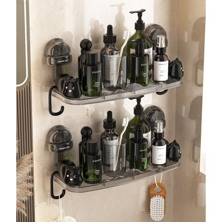 Suport pentru Baie,  Montare pe Perete, Model Pisicute, ABS, Adeziv, Raft pentru Depozitare, 33.4x17.7 cm, Negru