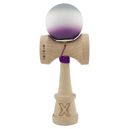 Kendama X Originala, Profesionala, Cyrax, Rubber Grip, Cupe Mari KING SIZE V3, Gaura in Baza, Rulment Metalic, din lemn 18 cm, Ata 62/65 cm, Gradient Gri/Alb/Mov