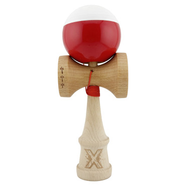 Kendama X Originala, Profesionala, Cyrax, Big Cups V2, Super Sticky cu Cupe Mari, Rulment Metalic, din lemn 18 cm, Ata 55 cm, Alb/Rosu