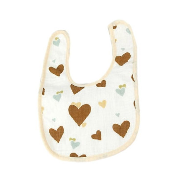 Baveta in Forma de U, Cyrax, din Bumbac, pentru Copii 0-12 Luni, Rezistenta la Apa, cu Capse, Model cu Inimioare,  21x30 cm, Bej