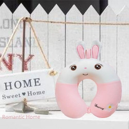 Perna de Calatorie in Forma de U,  Pentru Gat si Cap, Umplutura din Spuma cu Memorie, 30x30 cm, Model Iepuras, Accesoriu de Voiaj, Birou, Masina, Sistem Prindere Capse, Roz-Alb