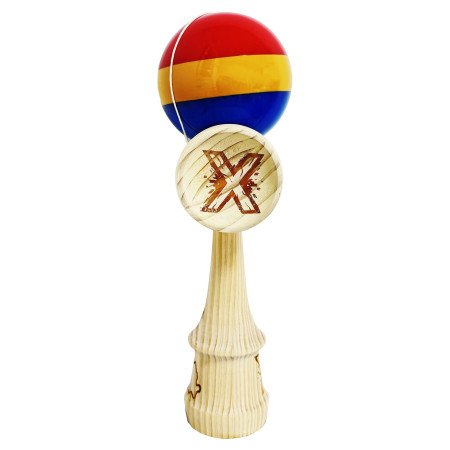 Kendama X Originala, Profesionala, Cyrax, SUPER BIG cu Cupe KING SIZE, Bila Super Sticky, Diametrul 17 cm, din Lemn, 52 x 20 cm, Multicolor