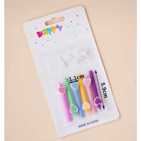 Set 6 Lumanari de Tort, Cyrax, Model Creion cu Inimioare, 5.9 x 1.1 cm, din Ceara, Multicolor