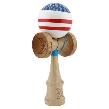 Kendama X CHICANOS Originala, Profesionala, Cyrax, Big Cups V2, Super Sticky cu Cupe Mari, Rulment Metalic, din lemn 18 cm, Ata 55 cm, Albastru/Alb